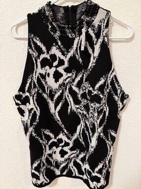 White House Black Market Black & White Beaded Mock Neck Tank Top